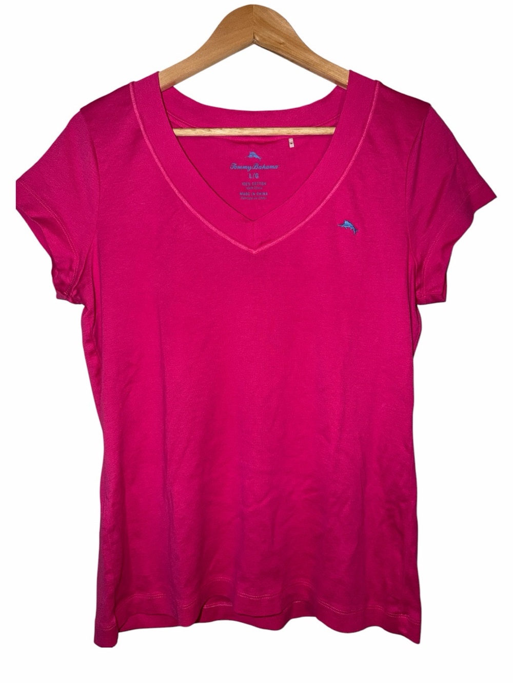 Tommy Bahama 100% Cotton V-Neck T-Shirt Bright Pink Women’s Large Country Club